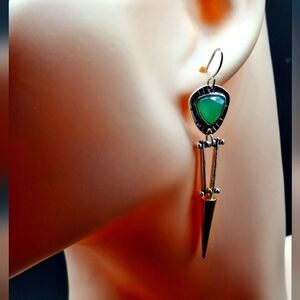 Boho Aventurine Dangle Earrings – Mixed Metal Tribal Spike Design